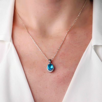 Gümüş - 925 Ayar Swarovski Aquamarine Taşlı Kolye