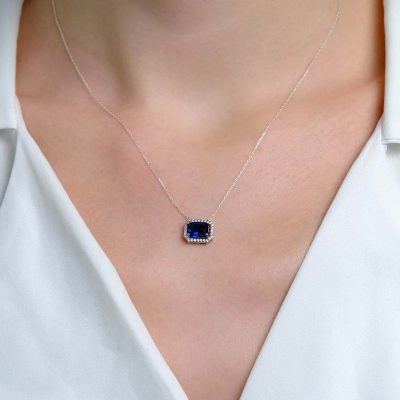 Gümüş - 925 Ayar Swarovski & Baget Safir Taşlı Tasarım Kolye