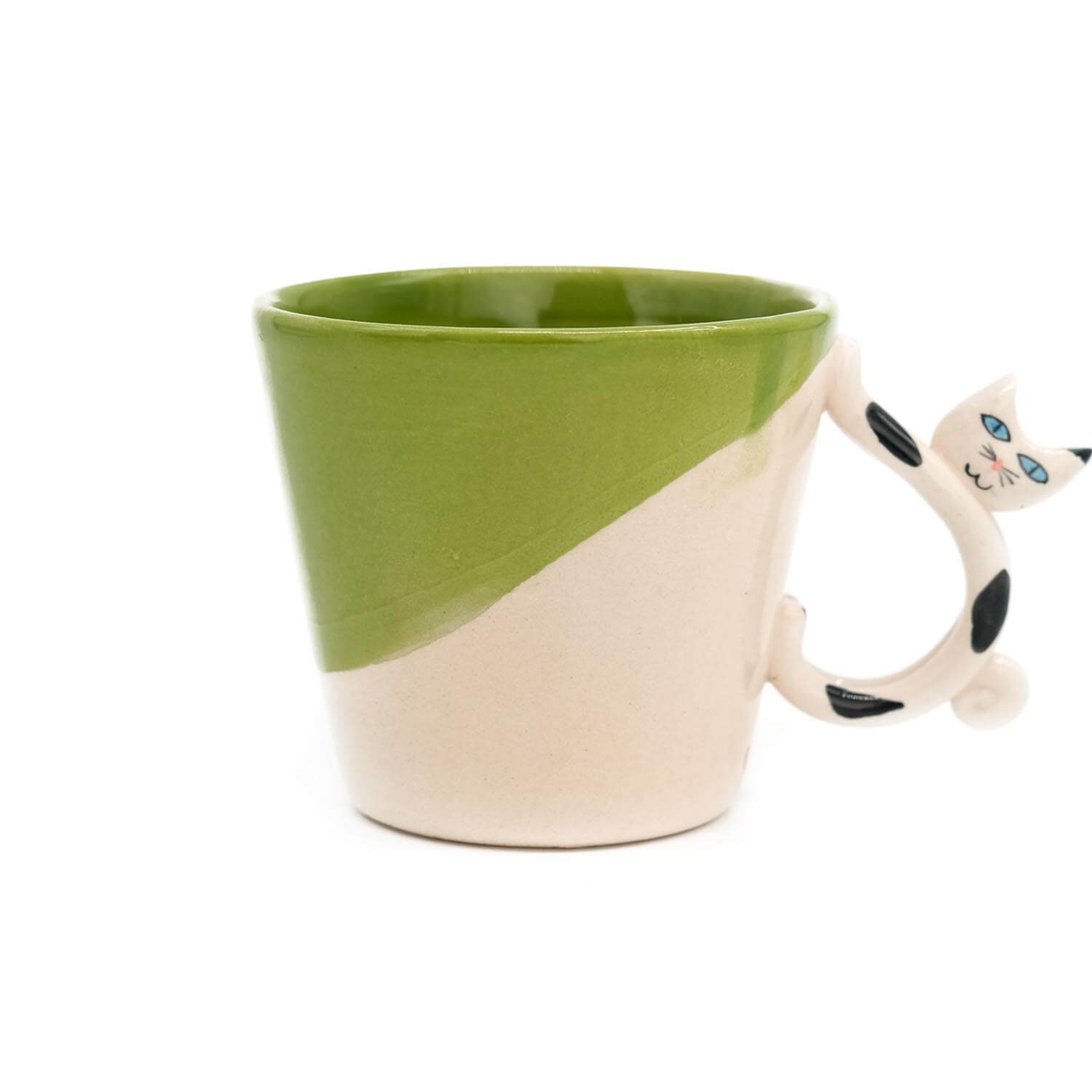 Kedi Figürlü El Yapımı Seramik Kupa - Yeşil